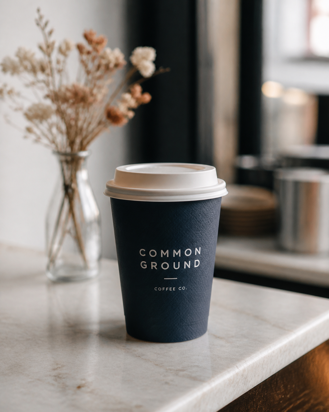 Navy branded double wall coffee cup on a cafe counter