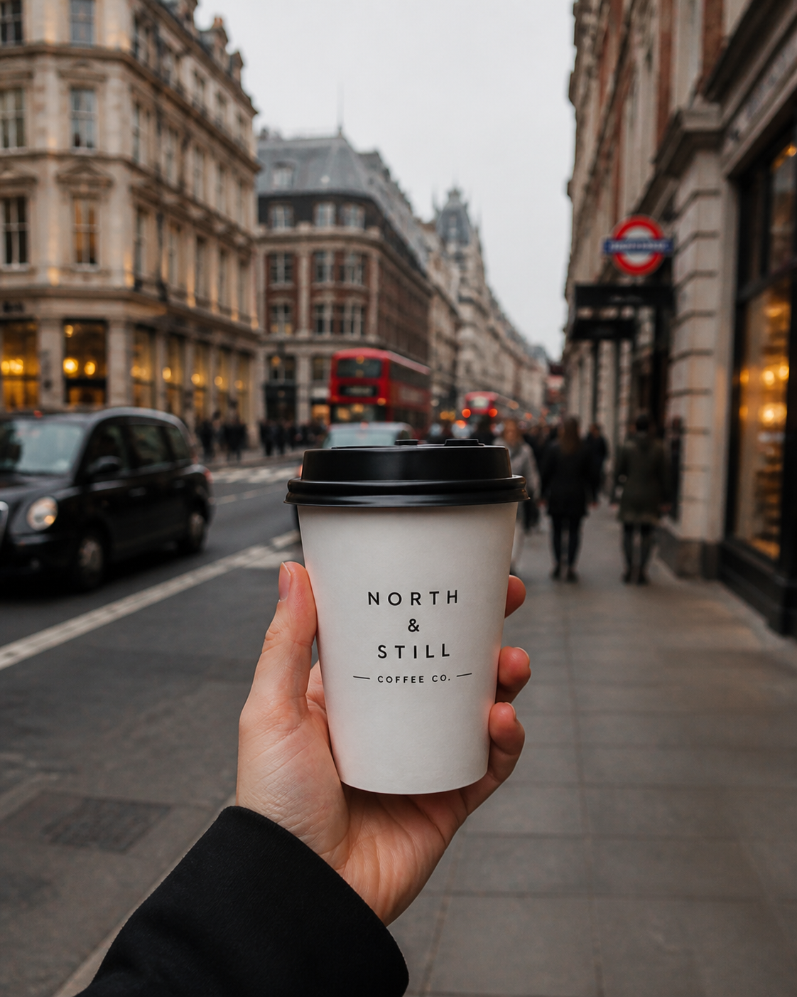 White branded takeaway coffee cup on a city street
